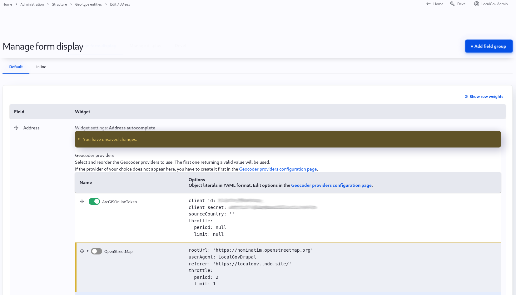 Address field autocomplete widget settings with Arc GIS Online Token enabled